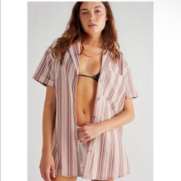 FREE PEOPLE | Oversized Short Sleeve Button Down Shirt Sz XS - Picture 1 of 7